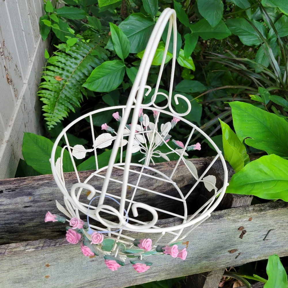 Metal Rose Floral Basket Storage Farmhouse